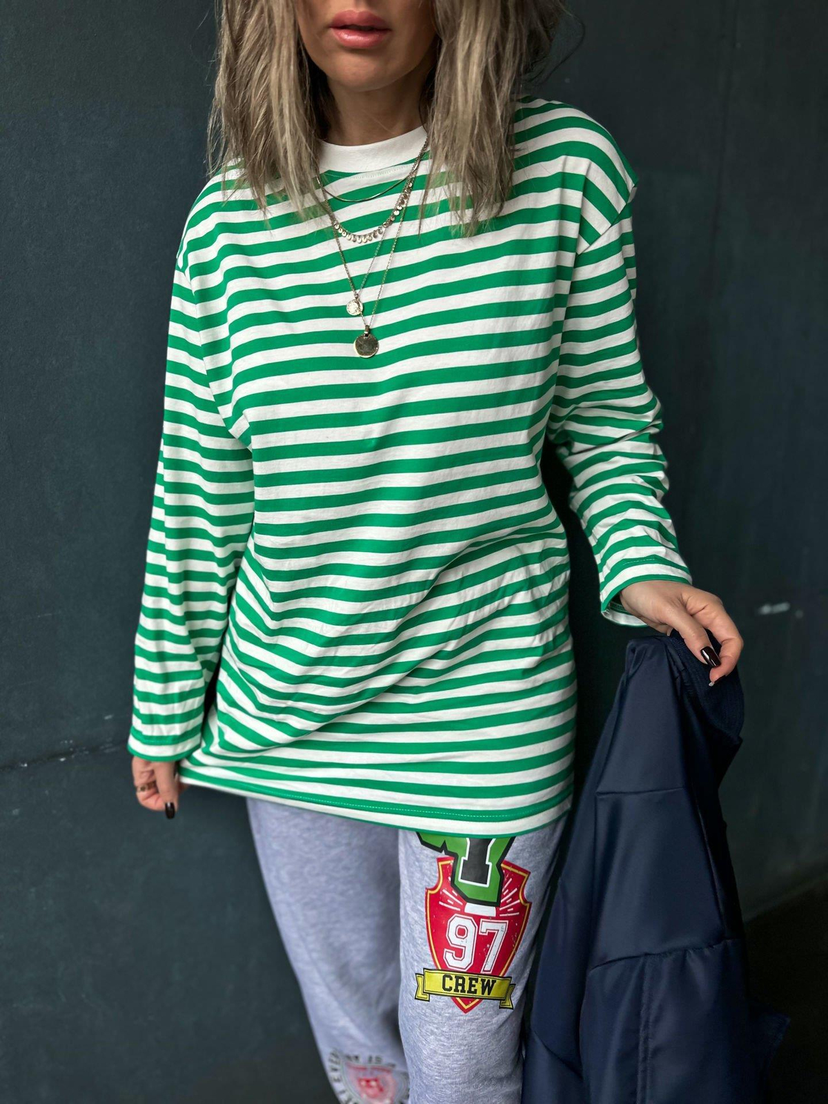 Yeşil Çizgili Oversize Sweatshirt