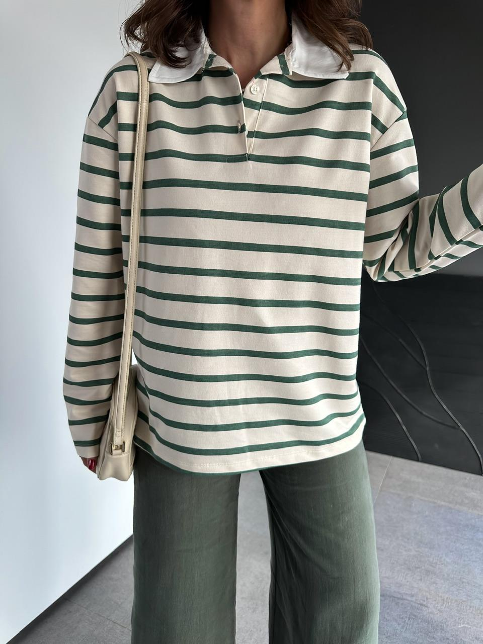 Yeşil Çizgili Polo Yaka Sweatshirt