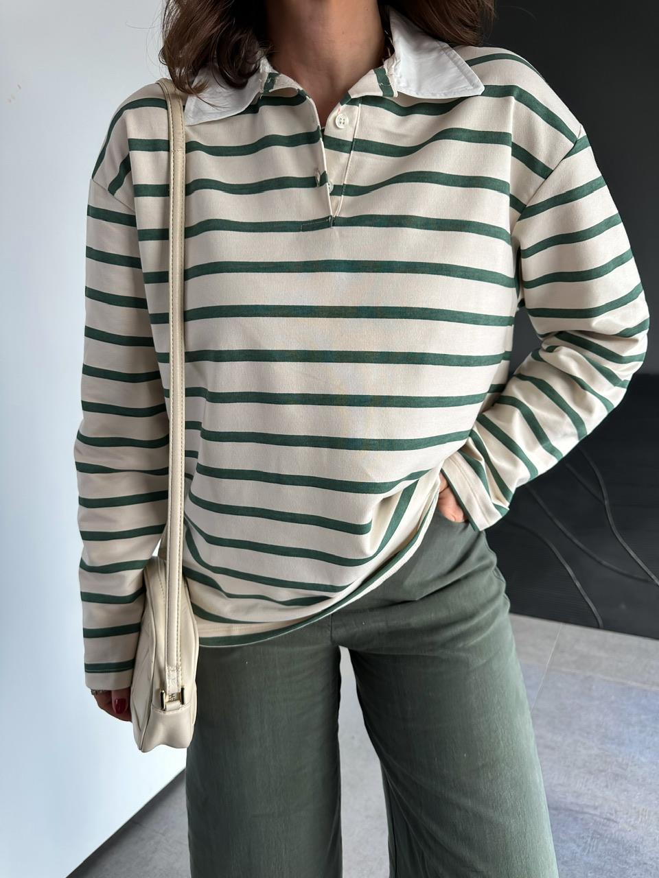 Yeşil Çizgili Polo Yaka Sweatshirt