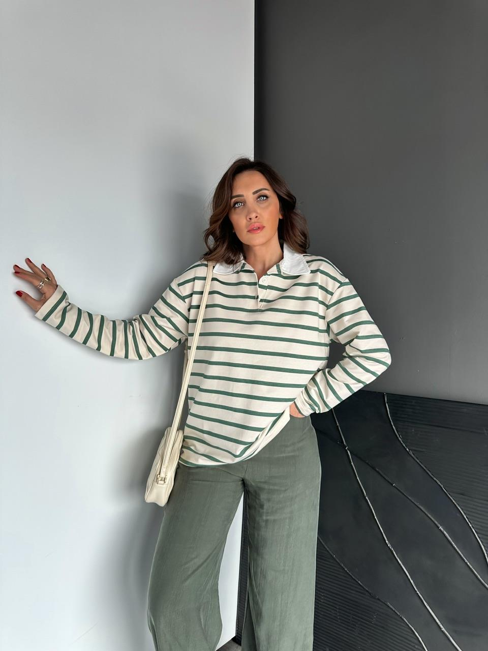 Yeşil Çizgili Polo Yaka Sweatshirt