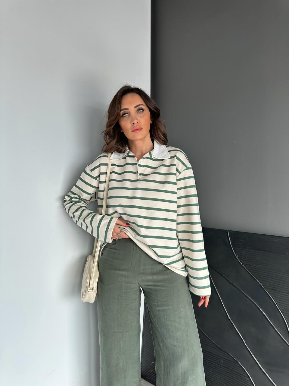 Yeşil Çizgili Polo Yaka Sweatshirt