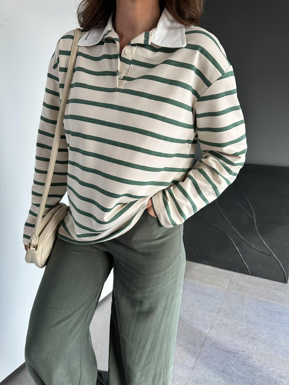 Yeşil Çizgili Polo Yaka Sweatshirt