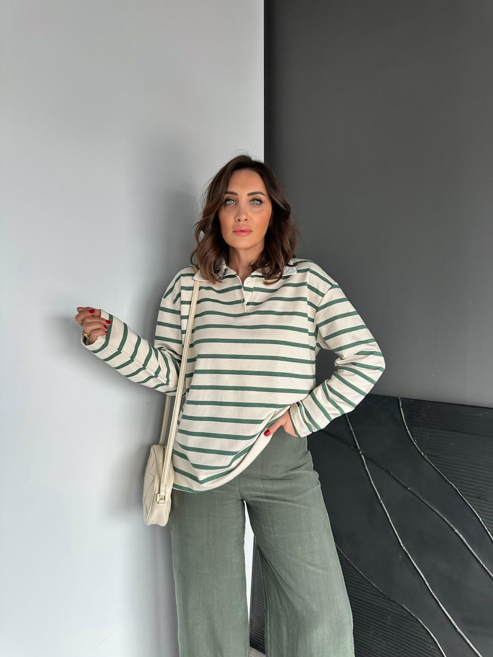 Yeşil Çizgili Polo Yaka Sweatshirt