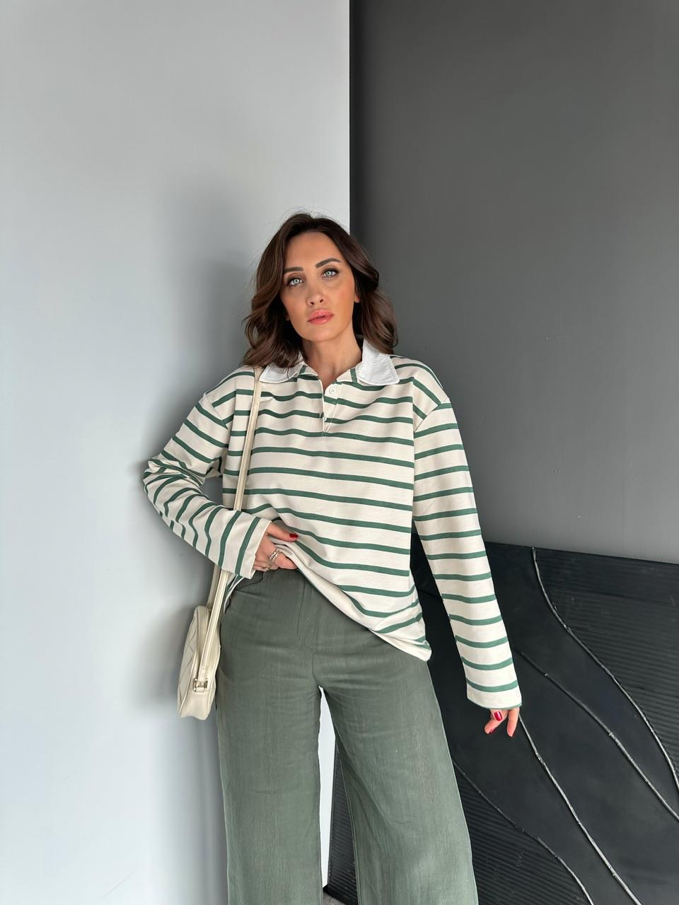 Yeşil Çizgili Polo Yaka Sweatshirt
