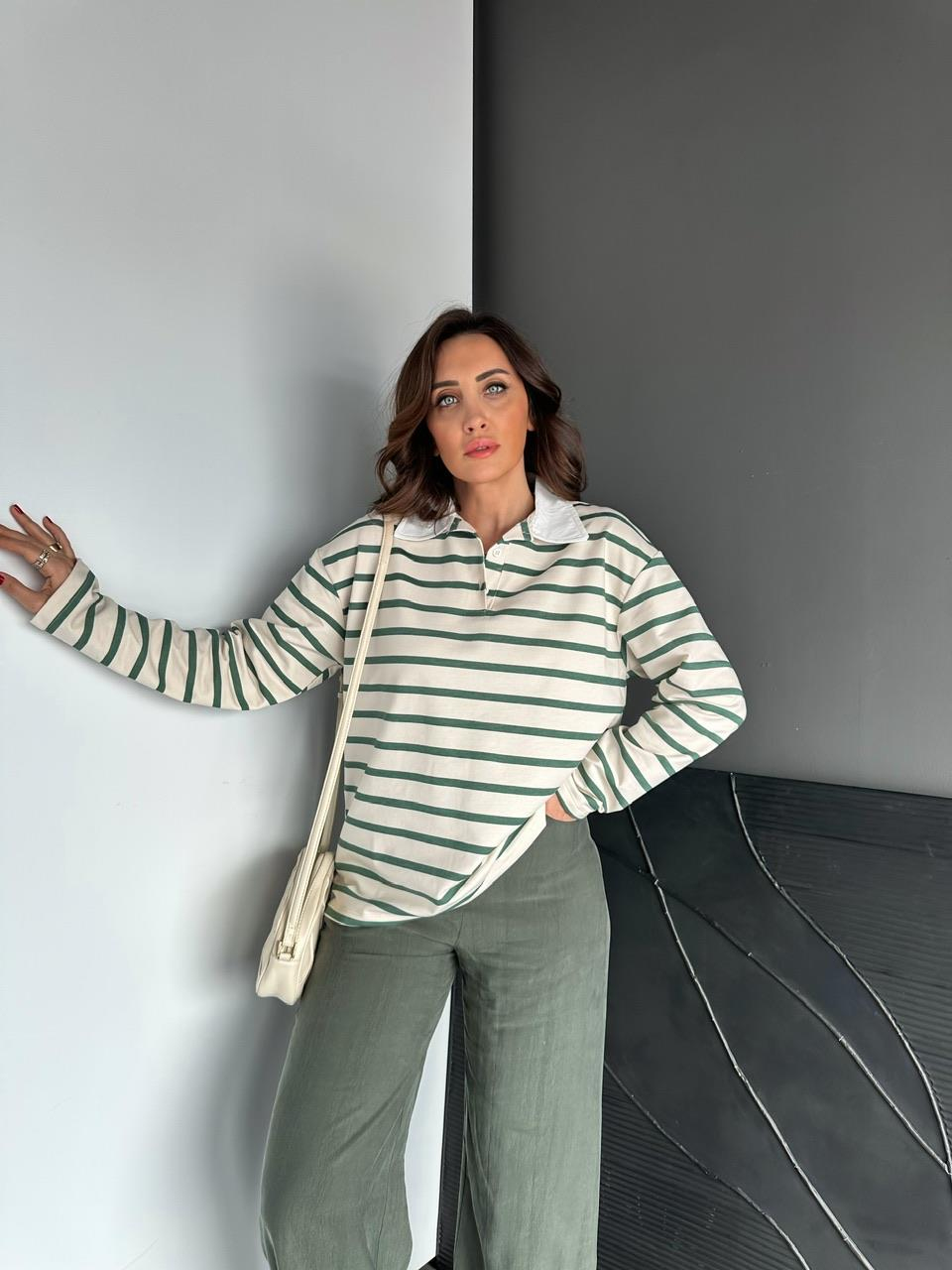 Yeşil Çizgili Polo Yaka Sweatshirt