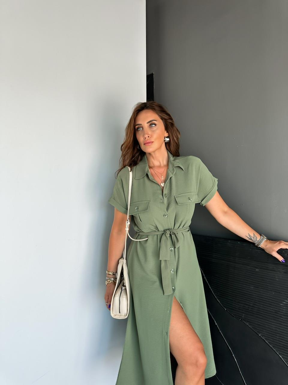 Yeşil Düğmeli Kuşaklı Safari Elbise