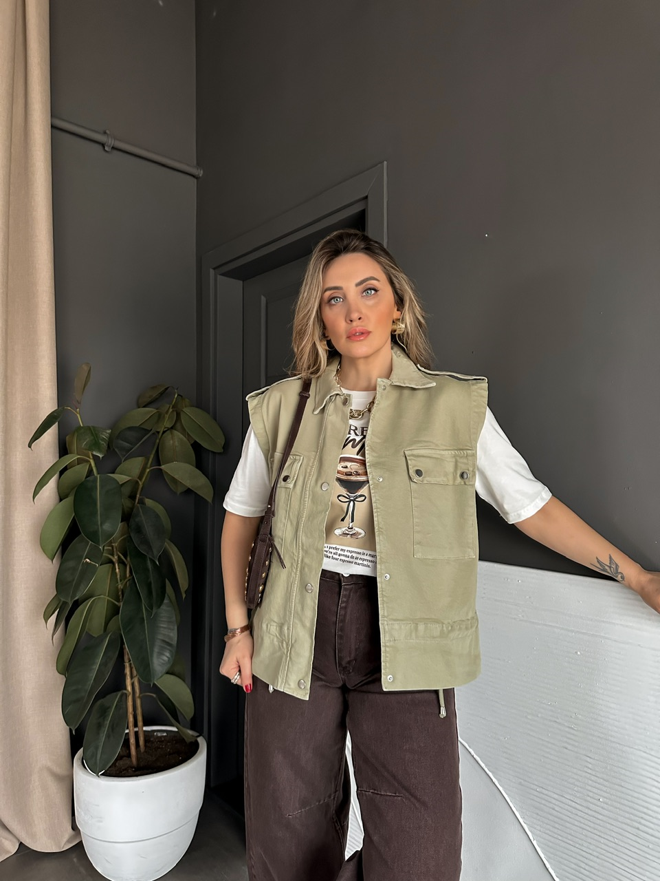 Yeşil Eteği Büzgülü Kot Yelek