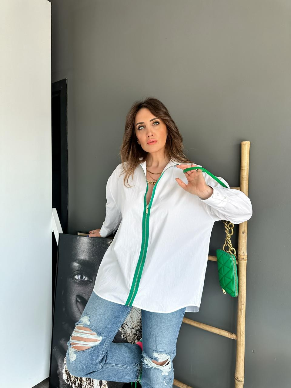 Yeşil Fermuarlı Poplin Gömlek