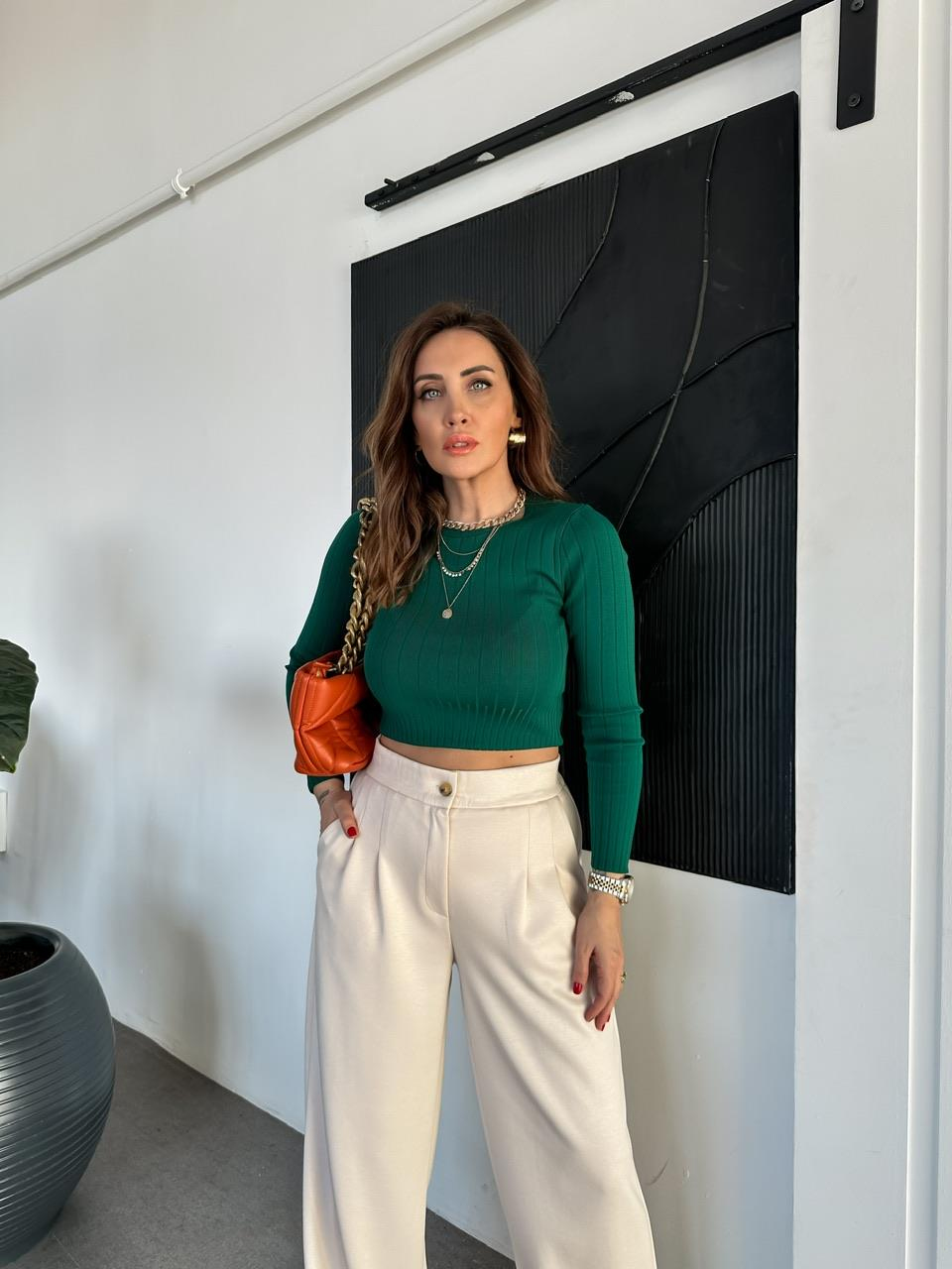 Yeşil Fitilli Likralı Basic Triko