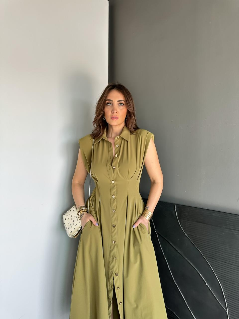 Yeşil Gold Düğmeli Paraşüt Elbise