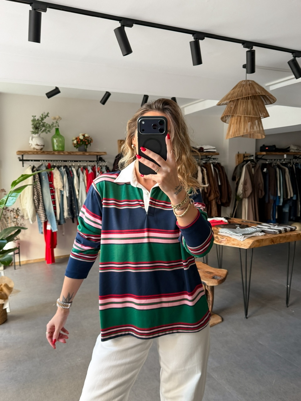 Yeşil Gömlek Yakalı Çizgili Sweatshirt
