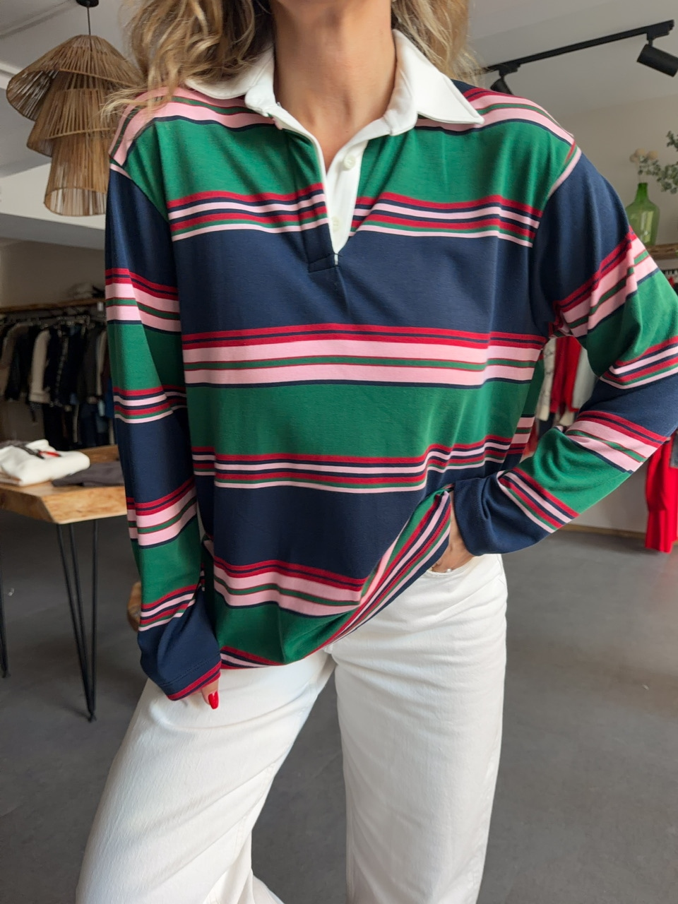 Yeşil Gömlek Yakalı Çizgili Sweatshirt