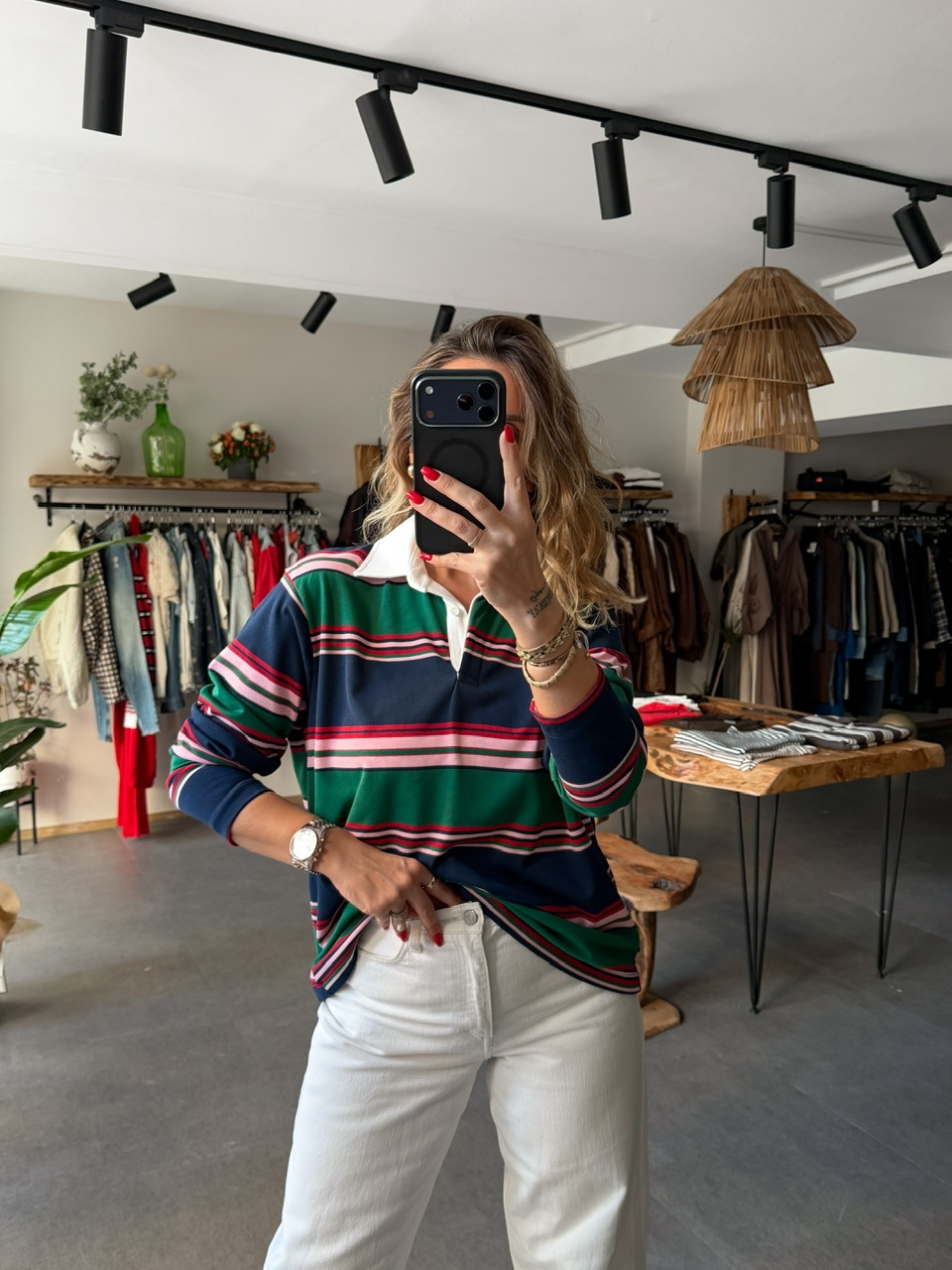 Yeşil Gömlek Yakalı Çizgili Sweatshirt