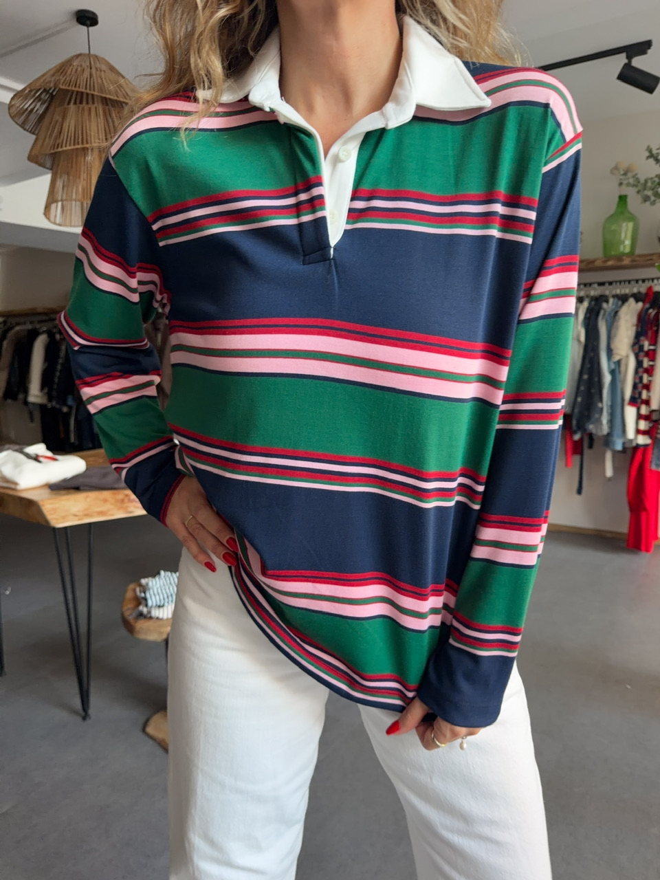 Yeşil Gömlek Yakalı Çizgili Sweatshirt