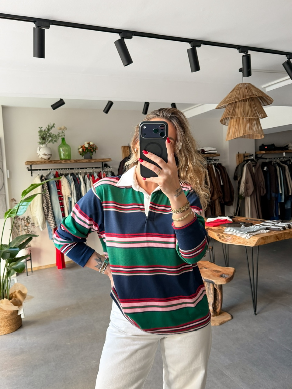 Yeşil Gömlek Yakalı Çizgili Sweatshirt