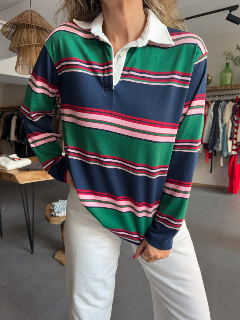 Yeşil Gömlek Yakalı Çizgili Sweatshirt