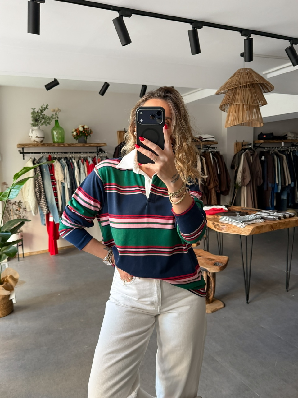 Yeşil Gömlek Yakalı Çizgili Sweatshirt
