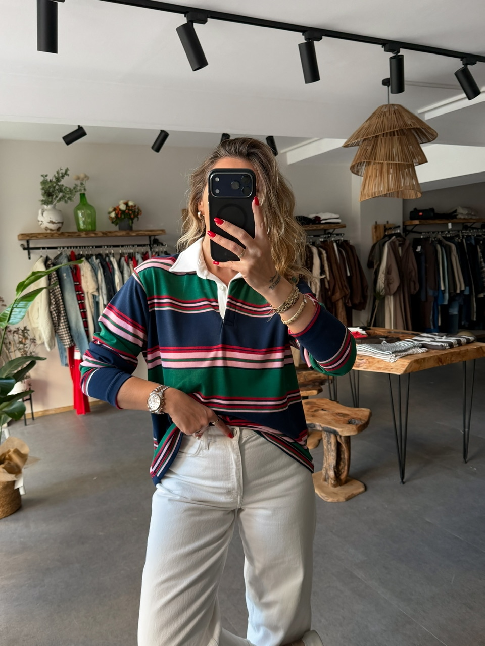 Yeşil Gömlek Yakalı Çizgili Sweatshirt
