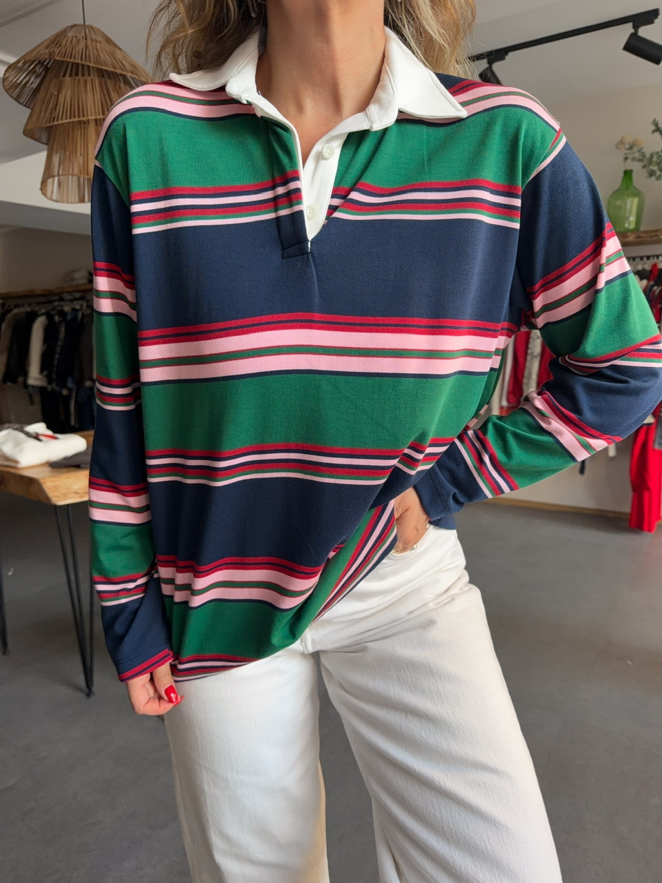 Yeşil Gömlek Yakalı Çizgili Sweatshirt