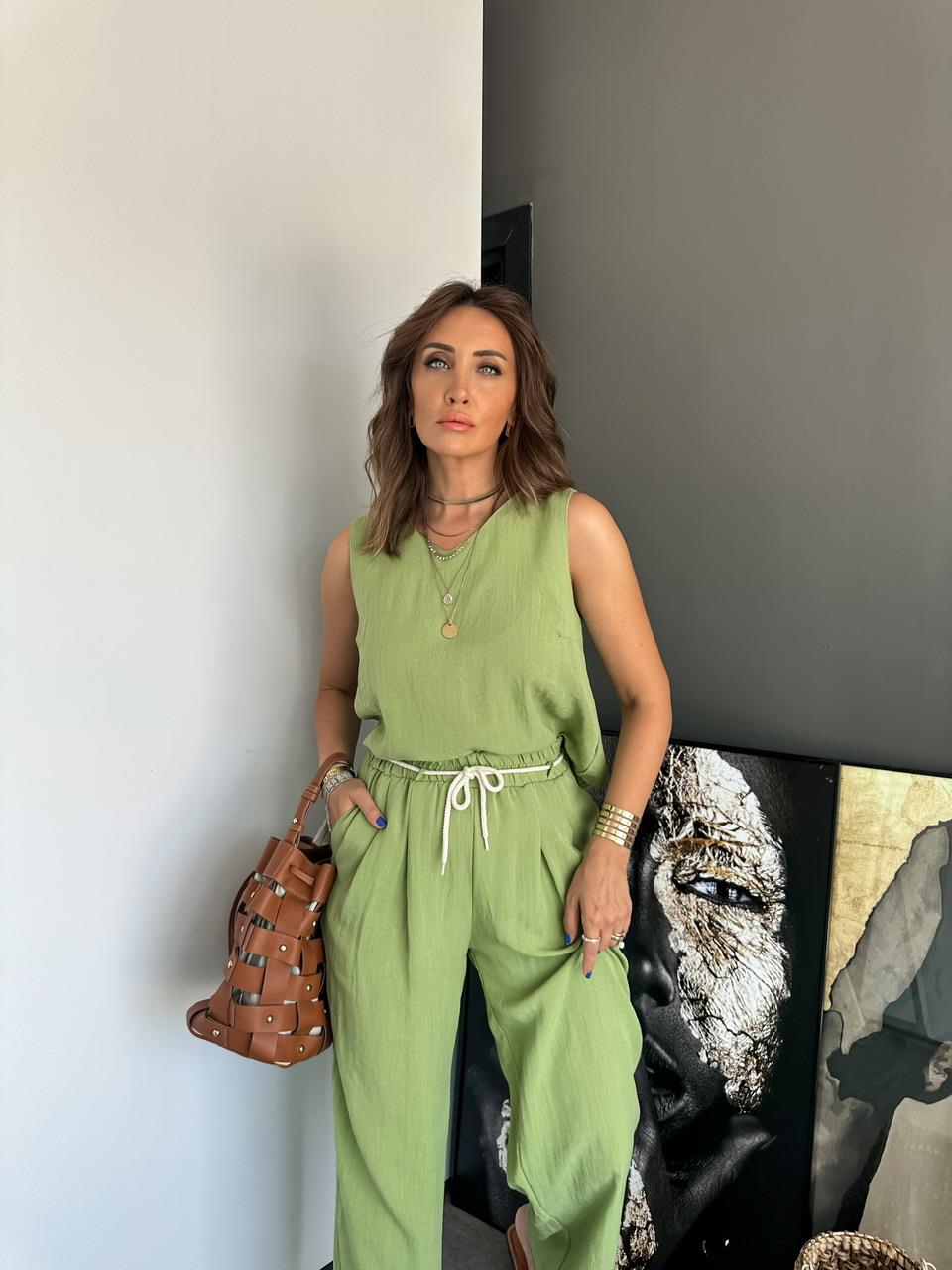 Yeşil Halat Kemerli Keten Takım