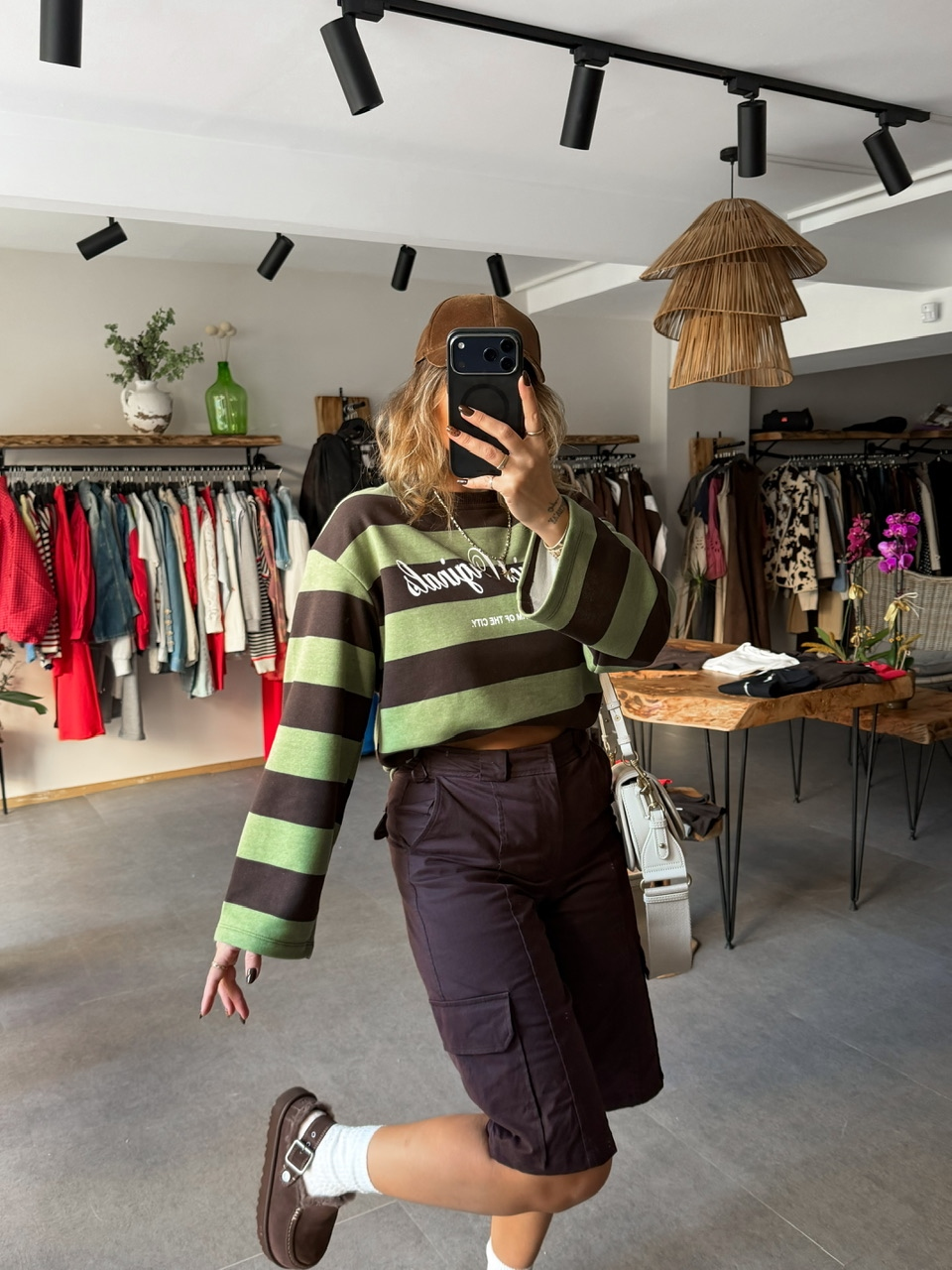 Yeşil Kahve Çizgili Yazılı Sweatshirt