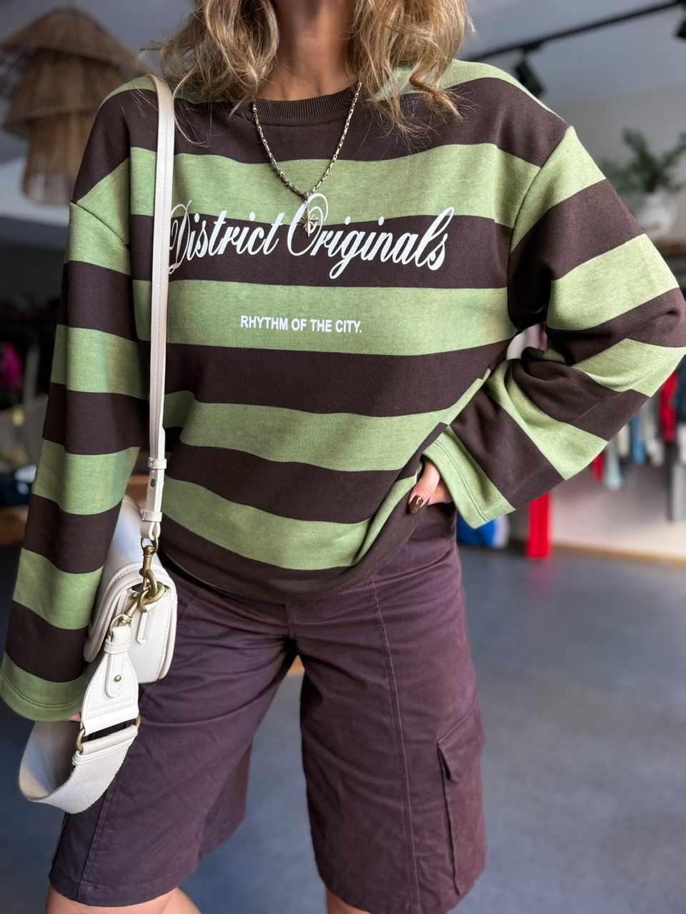 Yeşil Kahve Çizgili Yazılı Sweatshirt