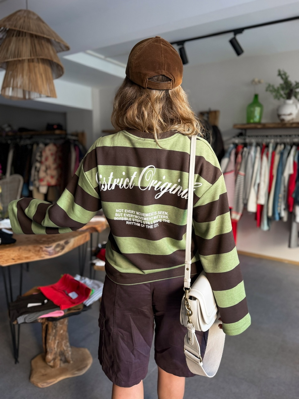 Yeşil Kahve Çizgili Yazılı Sweatshirt