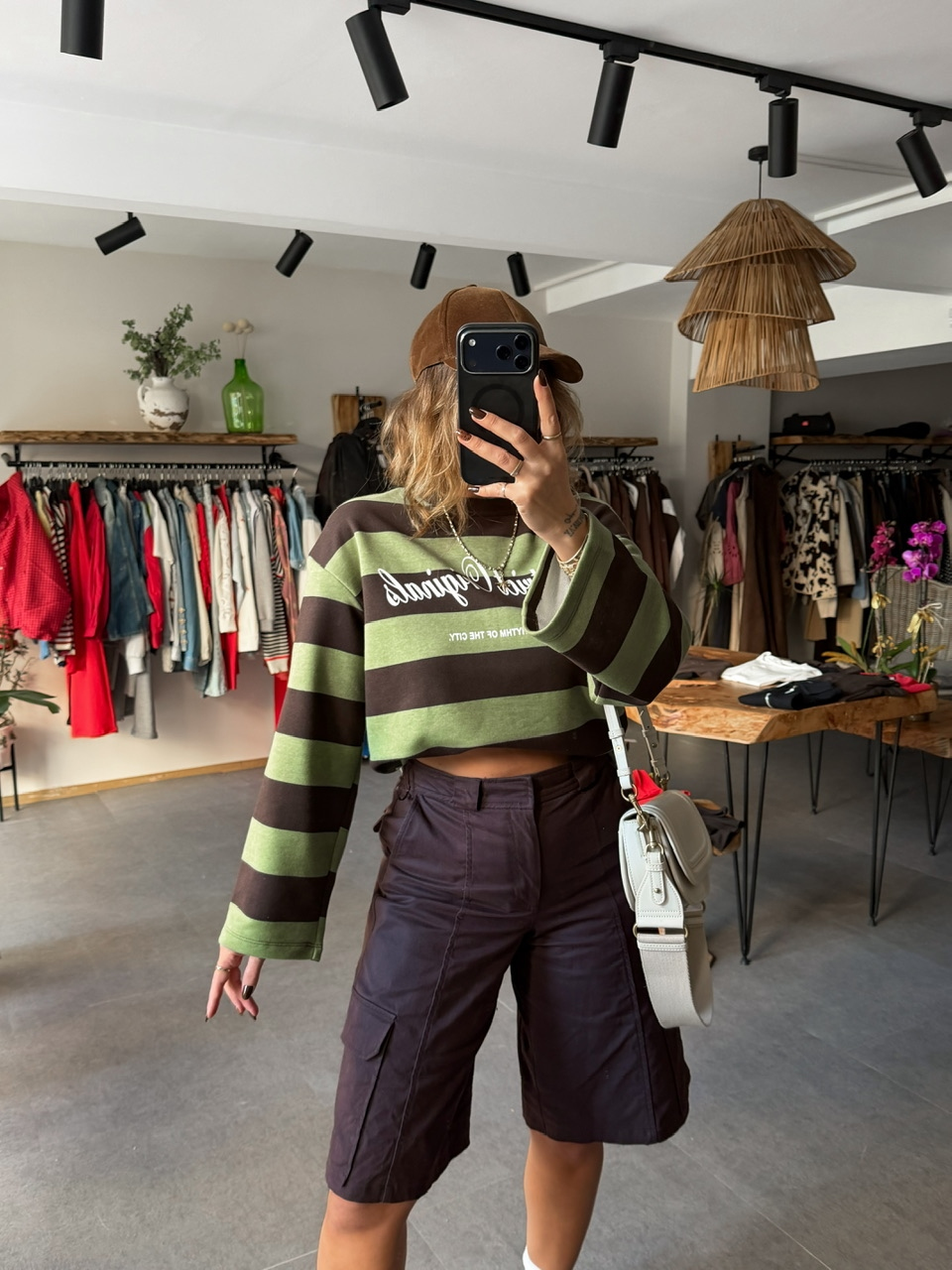 Yeşil Kahve Çizgili Yazılı Sweatshirt