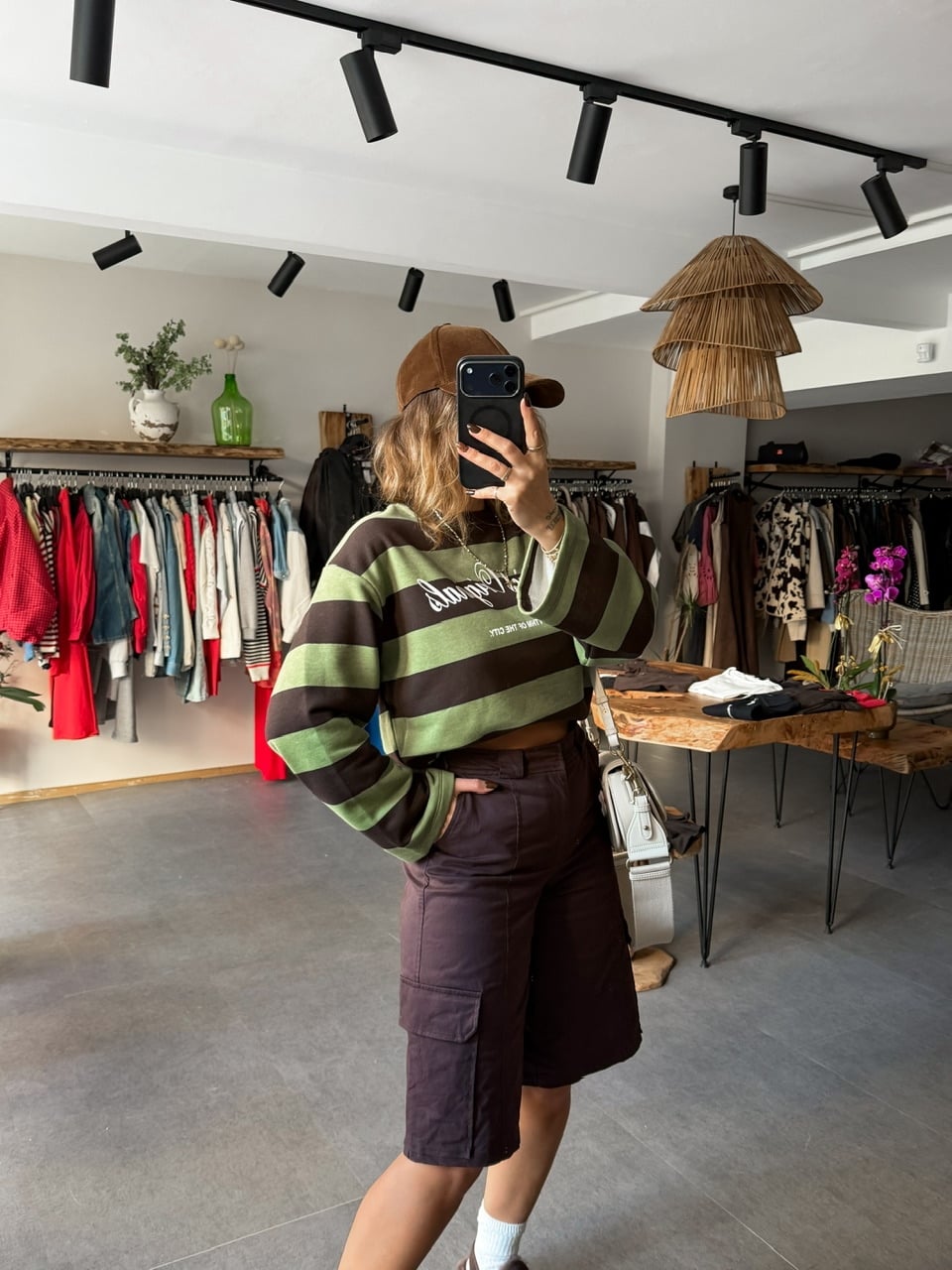 Yeşil Kahve Çizgili Yazılı Sweatshirt