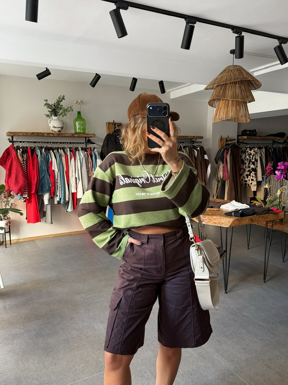 Yeşil Kahve Çizgili Yazılı Sweatshirt