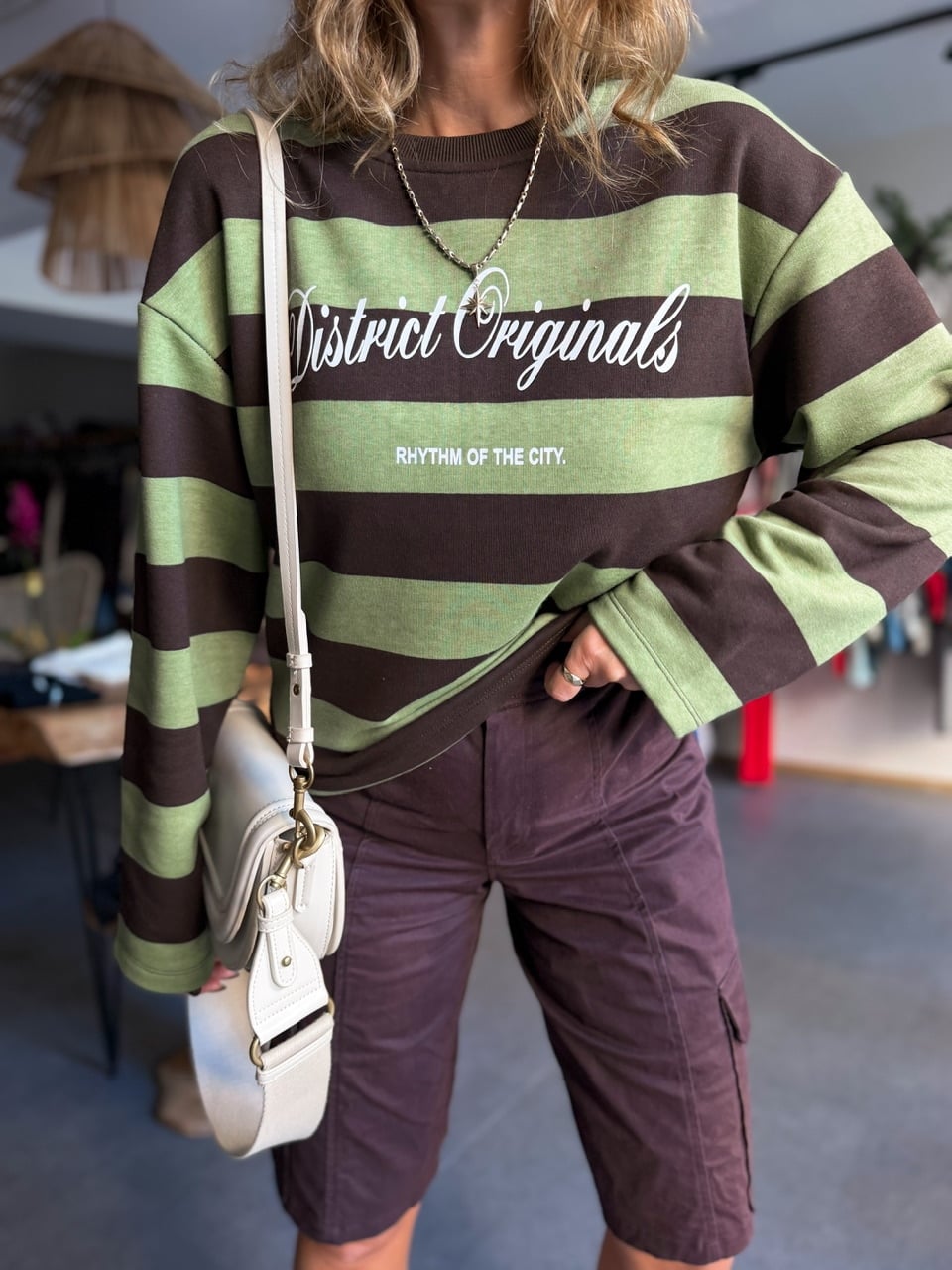 Yeşil Kahve Çizgili Yazılı Sweatshirt