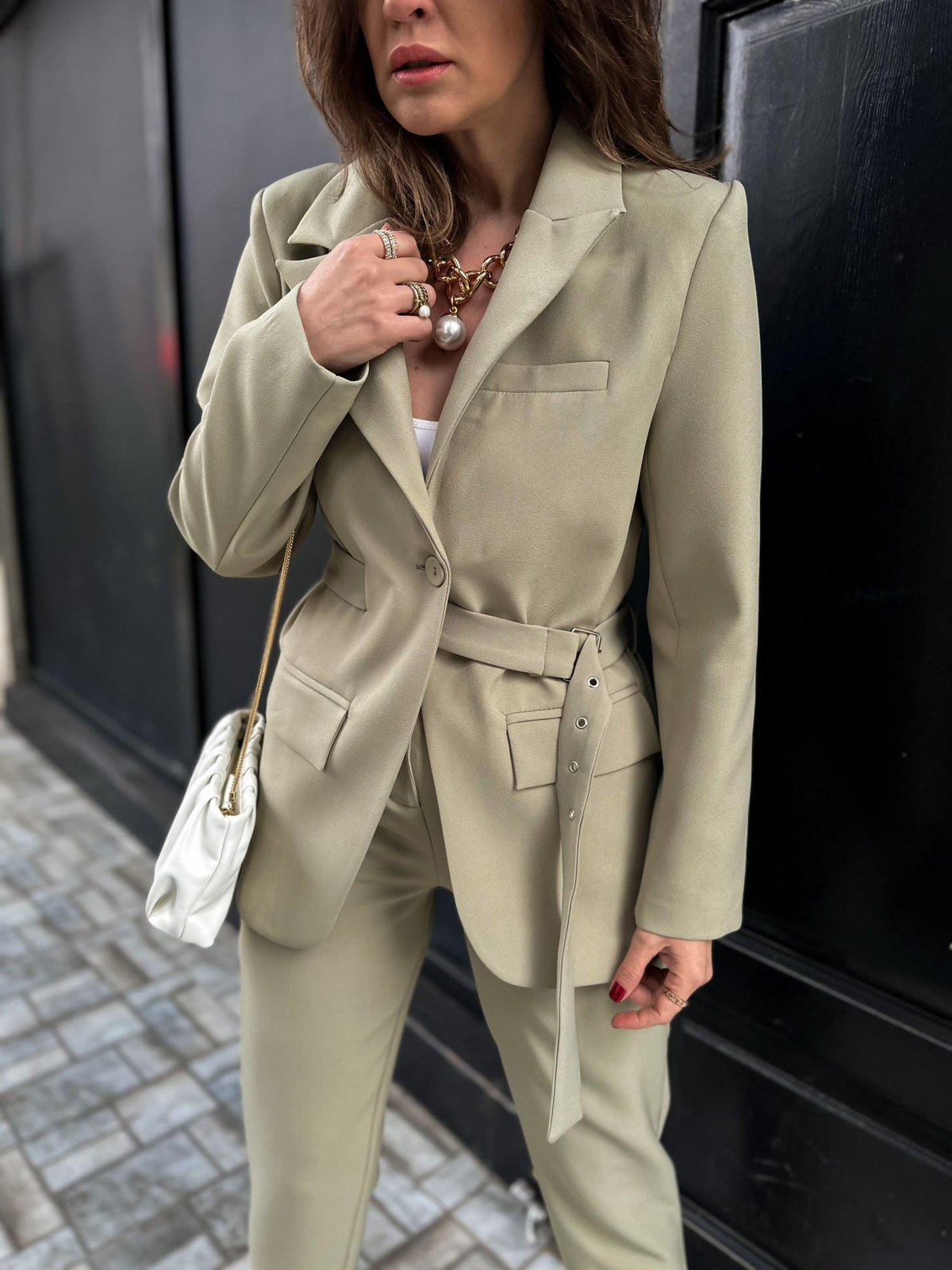 Yeşil Kemerli Tasarım Blazer Ceket