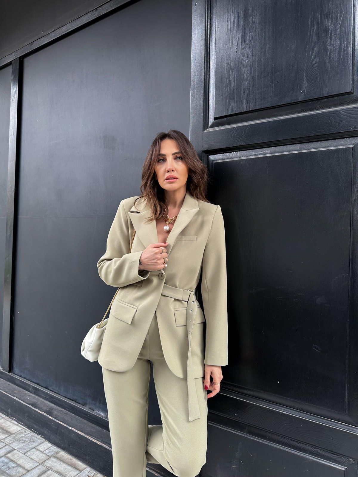 Yeşil Kemerli Tasarım Blazer Ceket