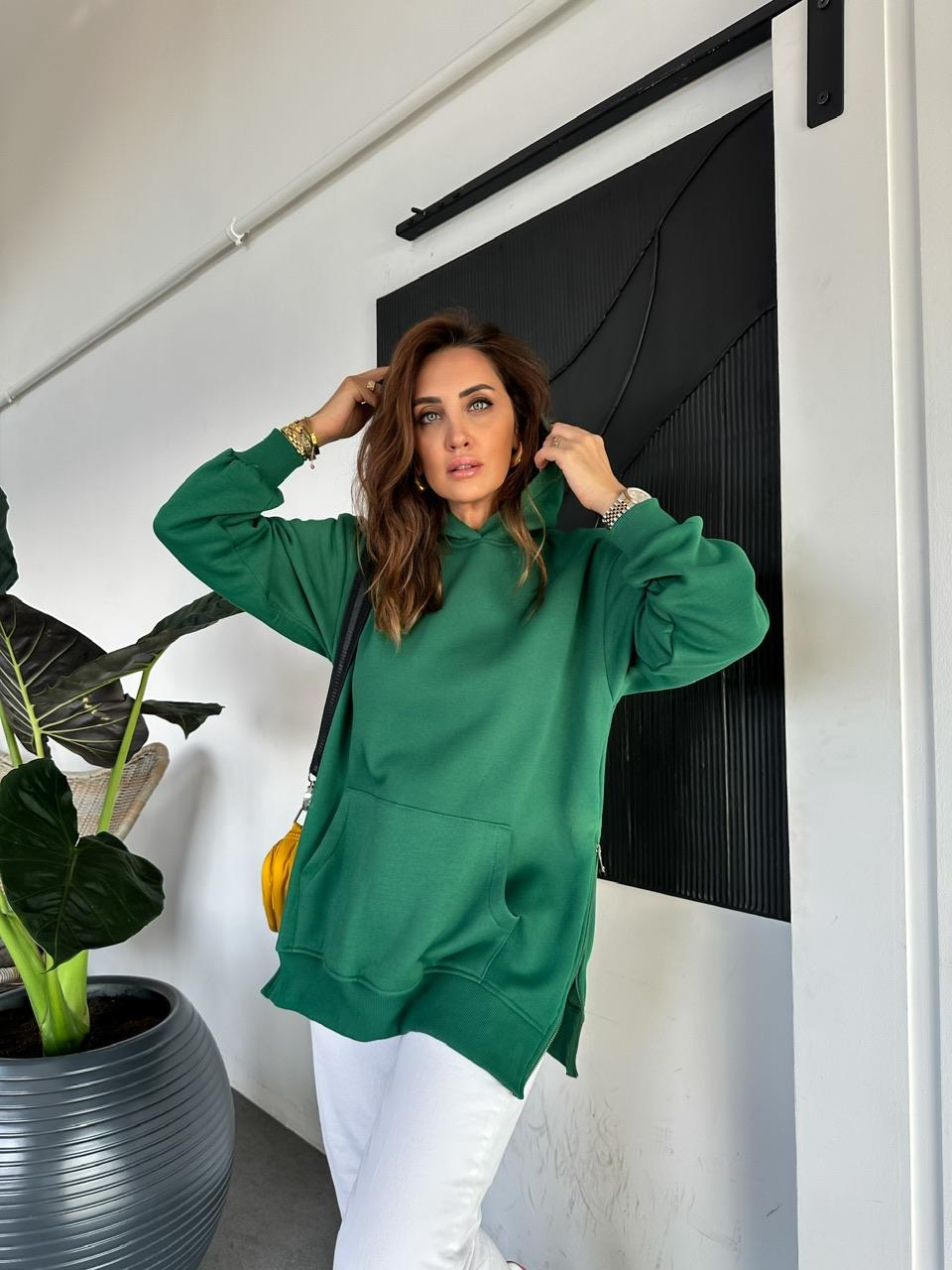 Yeşil Kenarları Fermuarlı Sweatshirt