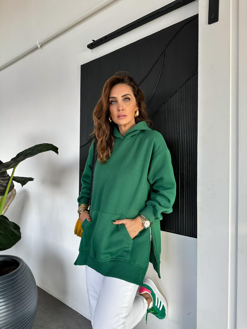 Yeşil Kenarları Fermuarlı Sweatshirt