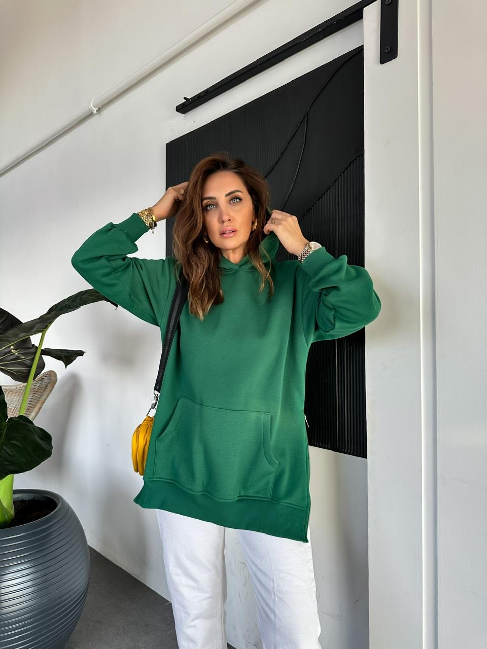 Yeşil Kenarları Fermuarlı Sweatshirt