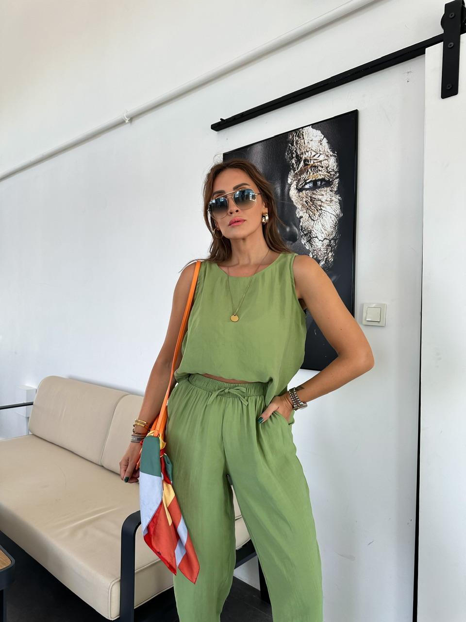 Yeşil Kolsuz Beli Lastikli Tensel Takım