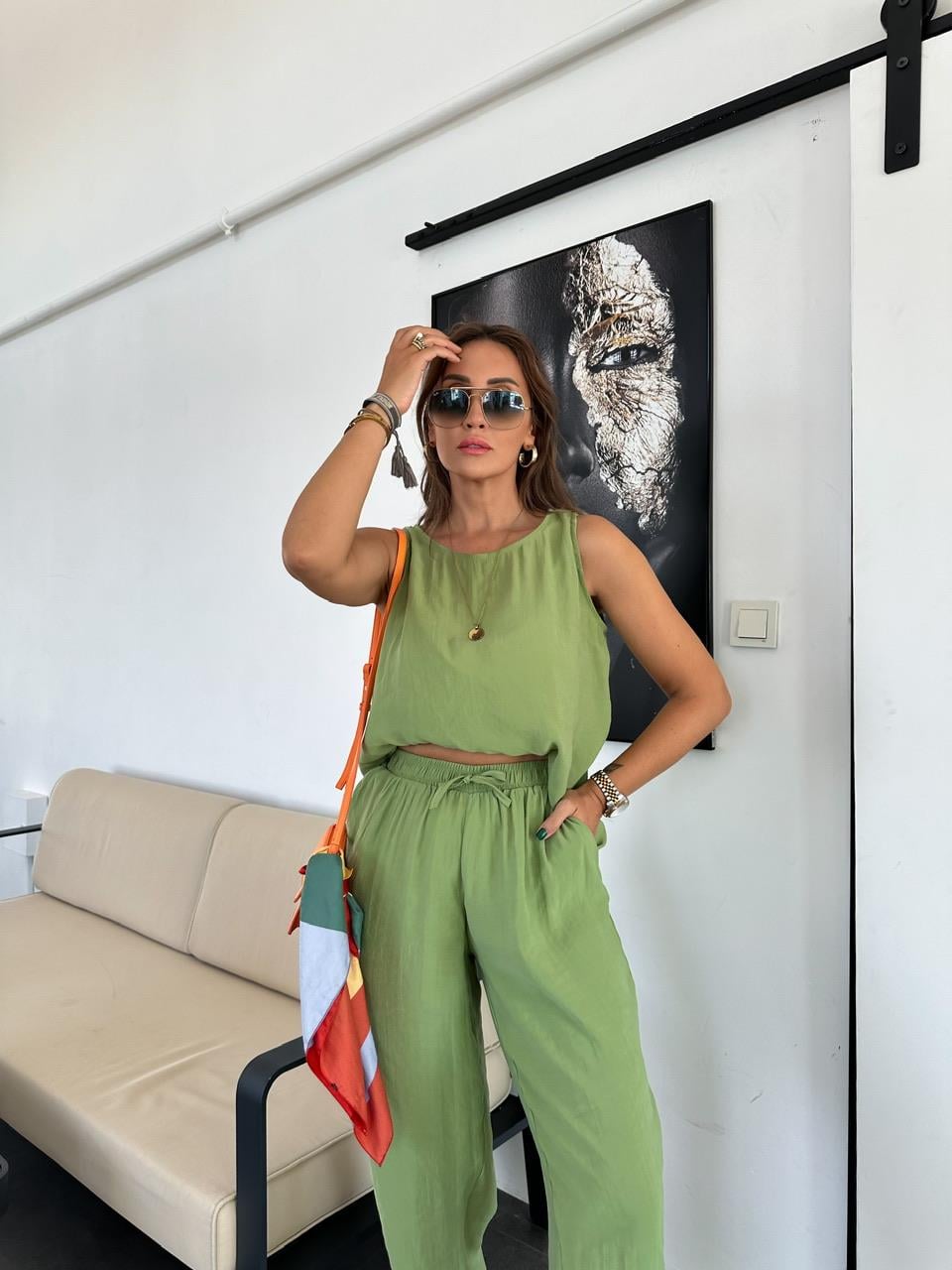 Yeşil Kolsuz Beli Lastikli Tensel Takım