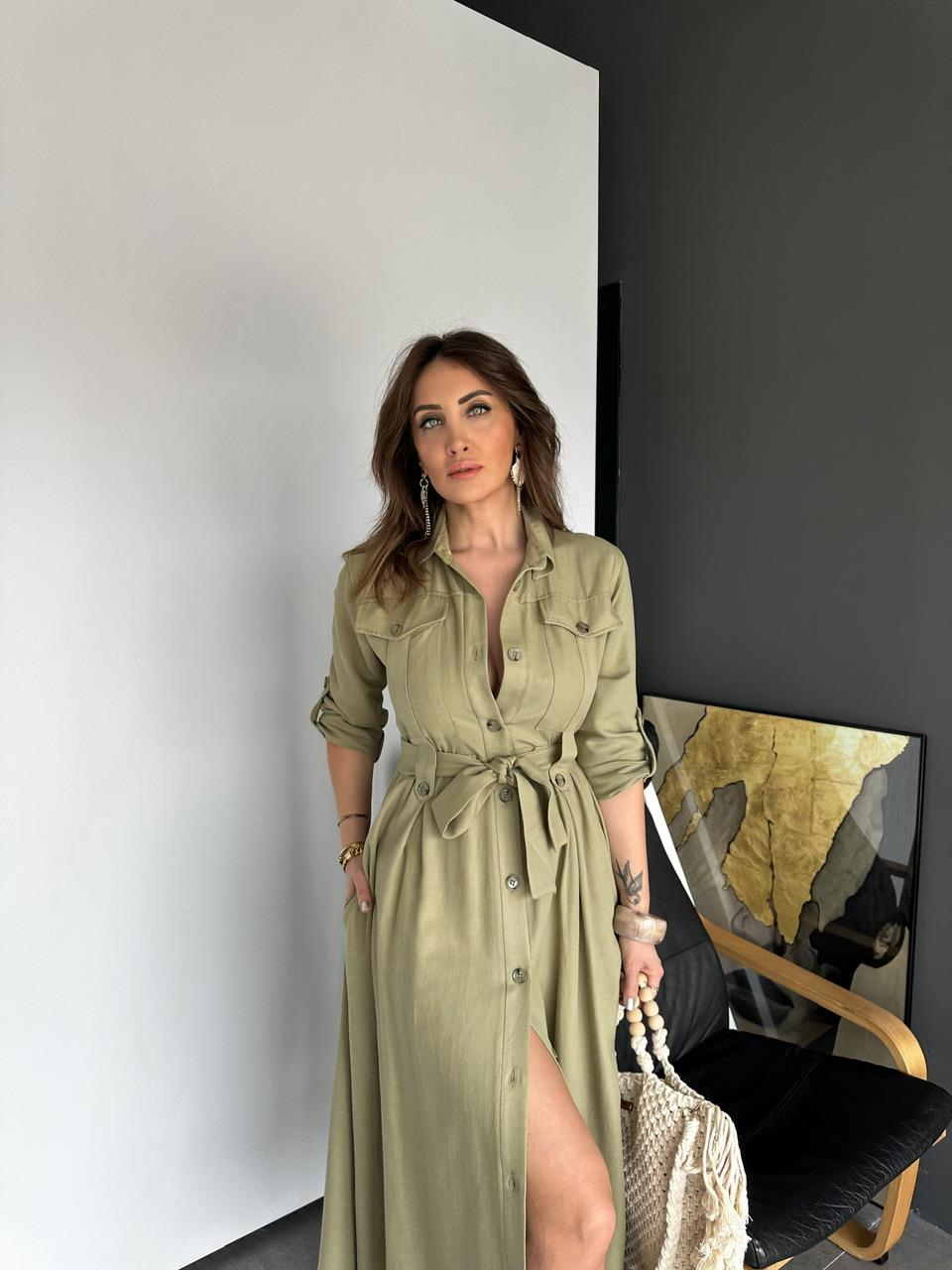 Yeşil Kuşaklı Düğmeli Safari Elbise