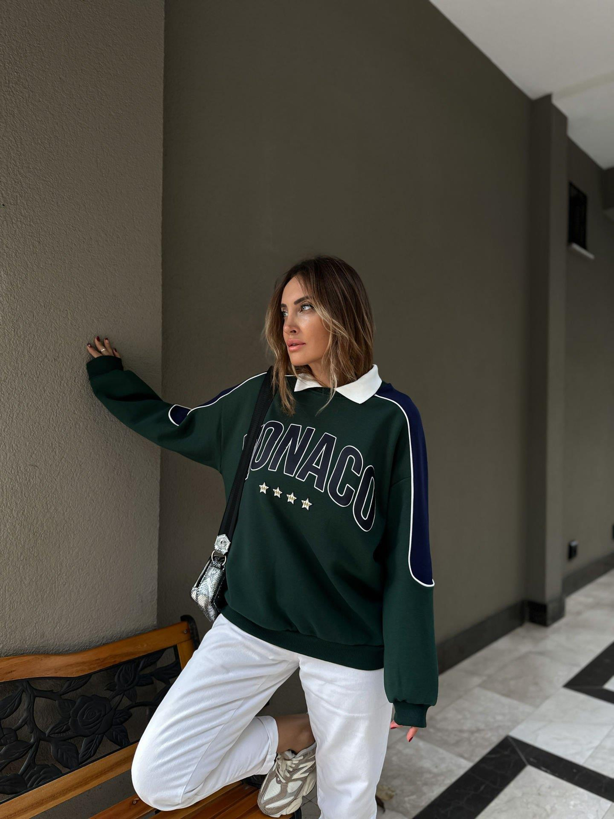 Yeşil Monaco Yakalı Sweatshirt