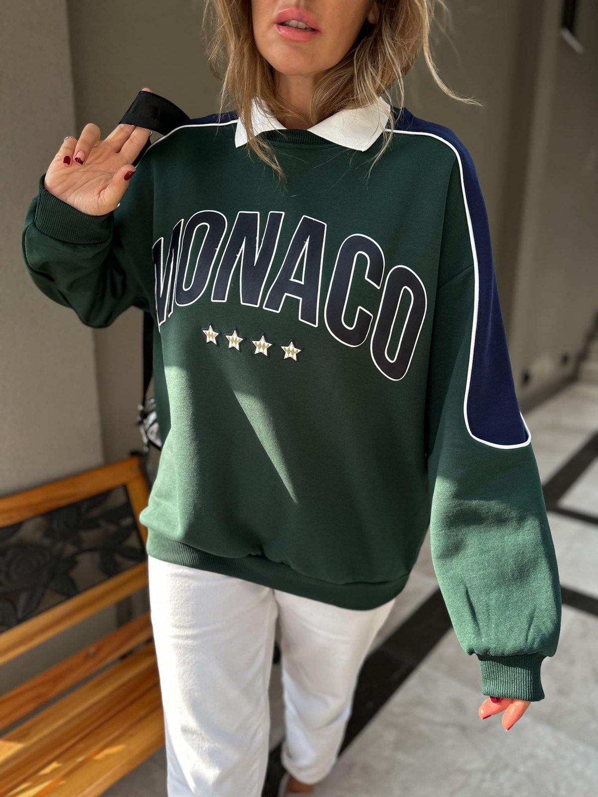 Yeşil Monaco Yakalı Sweatshirt