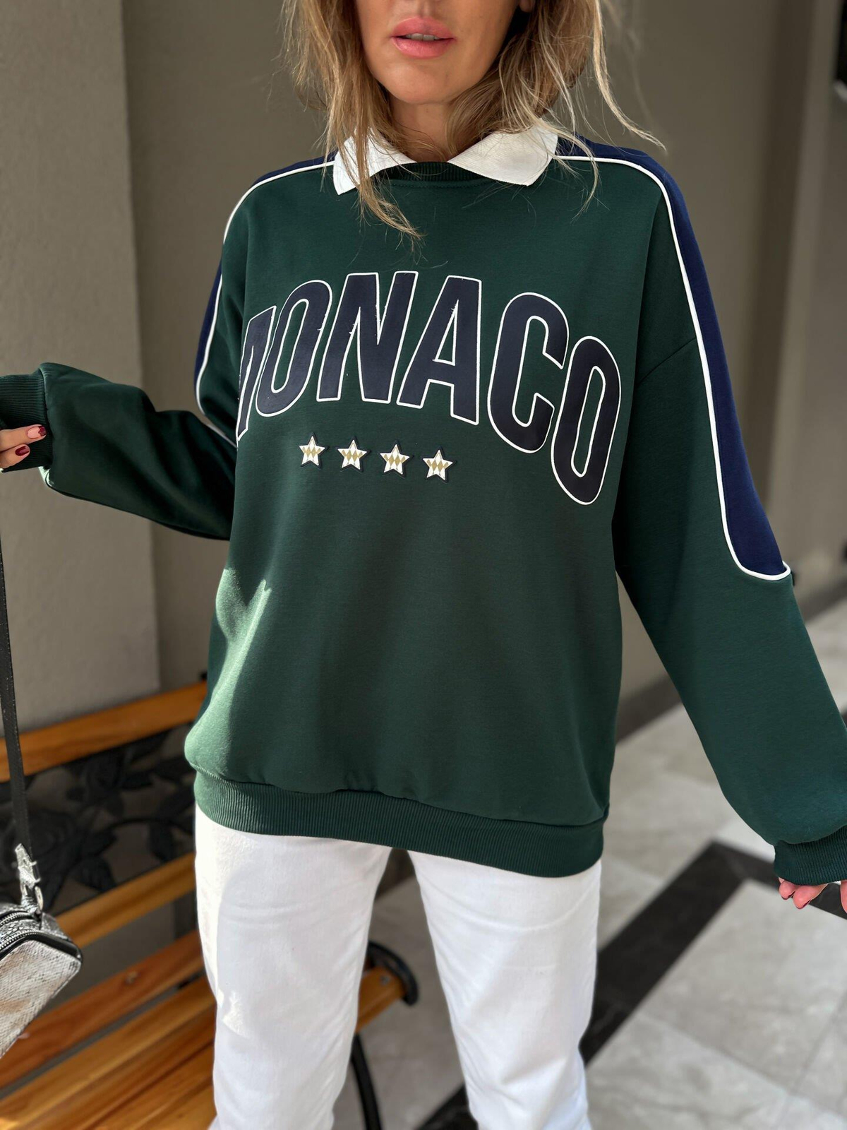 Yeşil Monaco Yakalı Sweatshirt