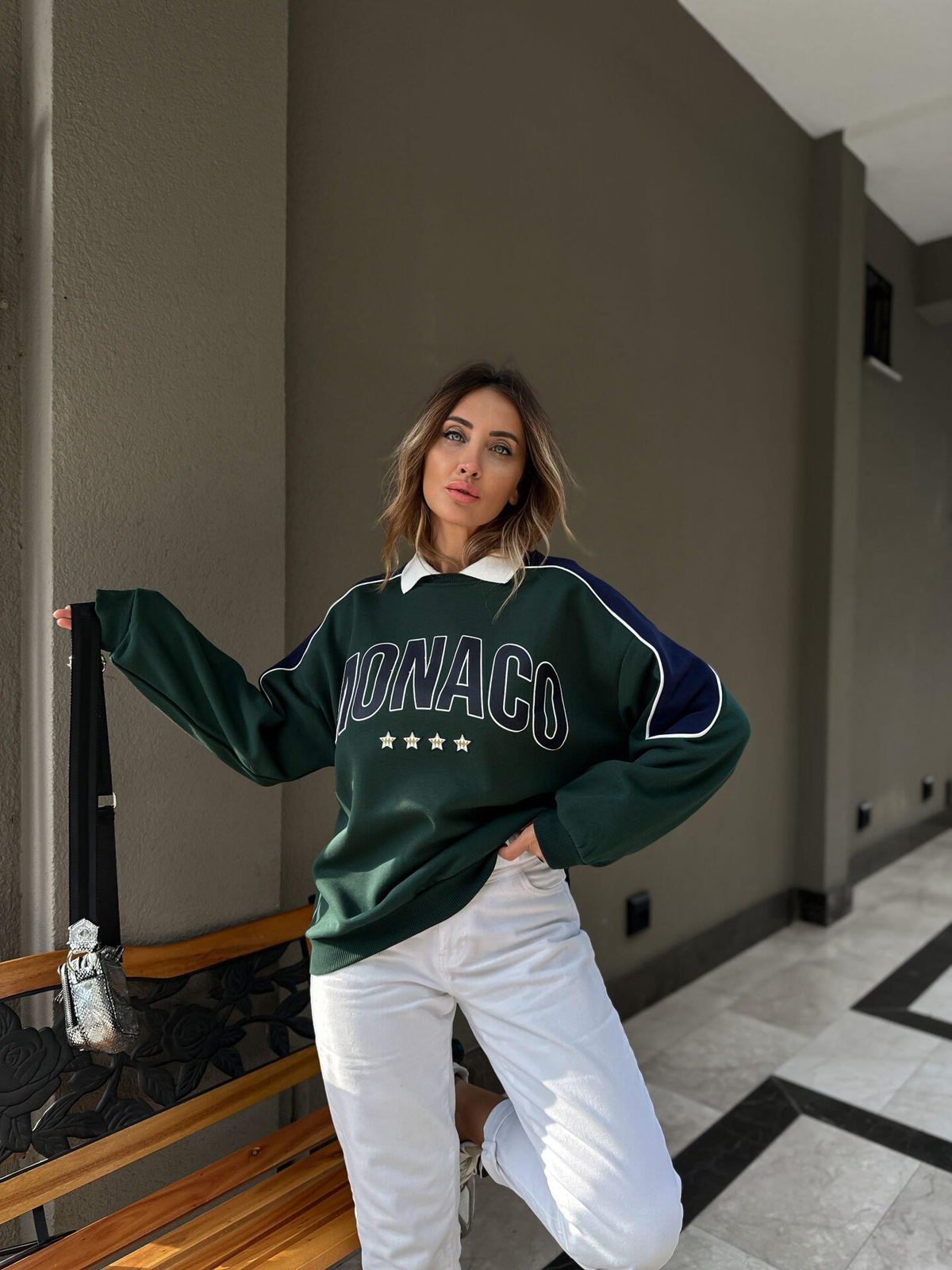Yeşil Monaco Yakalı Sweatshirt