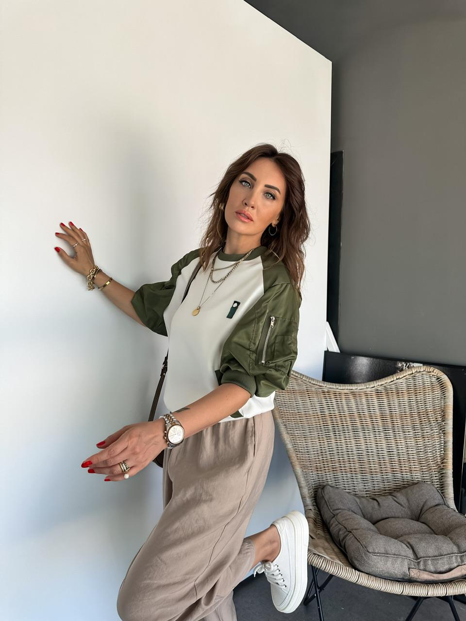 Yeşil Paraşüt Kollu Parçalı Tasarım Sweatshirt