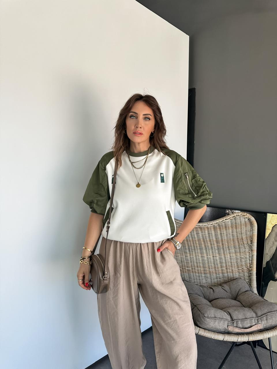Yeşil Paraşüt Kollu Parçalı Tasarım Sweatshirt