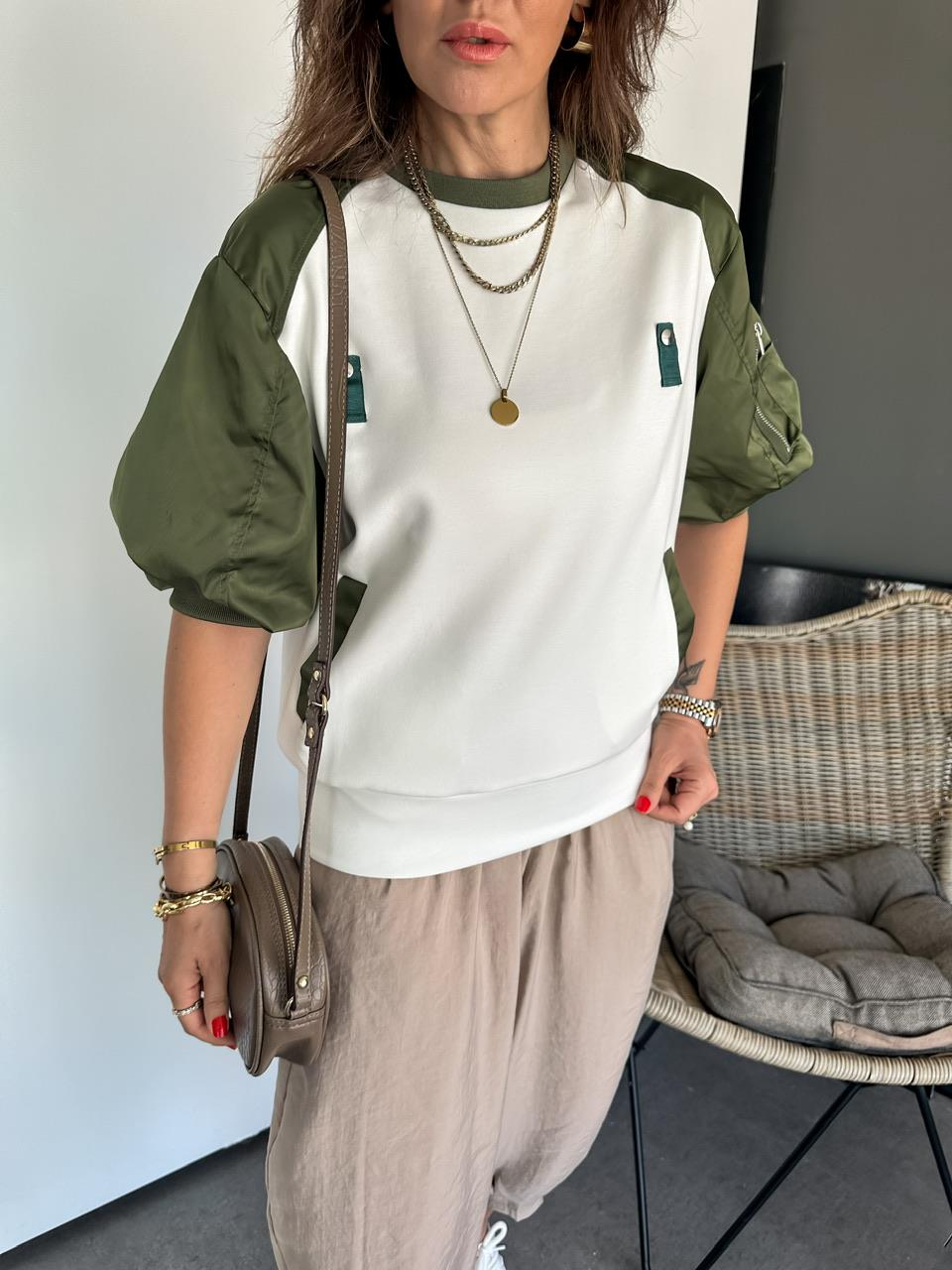 Yeşil Paraşüt Kollu Parçalı Tasarım Sweatshirt
