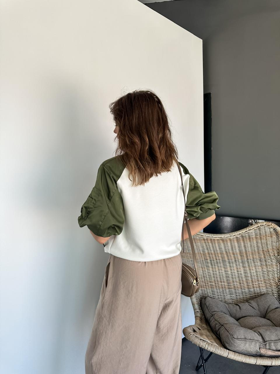 Yeşil Paraşüt Kollu Parçalı Tasarım Sweatshirt