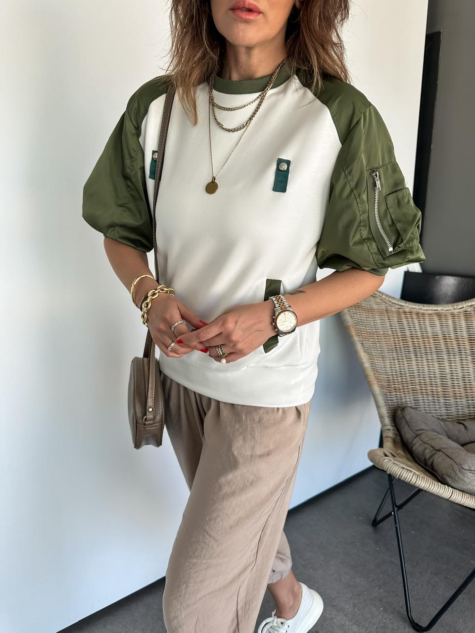 Yeşil Paraşüt Kollu Parçalı Tasarım Sweatshirt