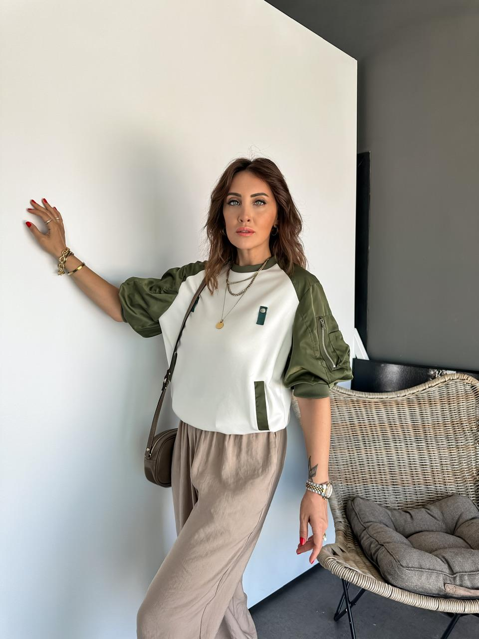 Yeşil Paraşüt Kollu Parçalı Tasarım Sweatshirt