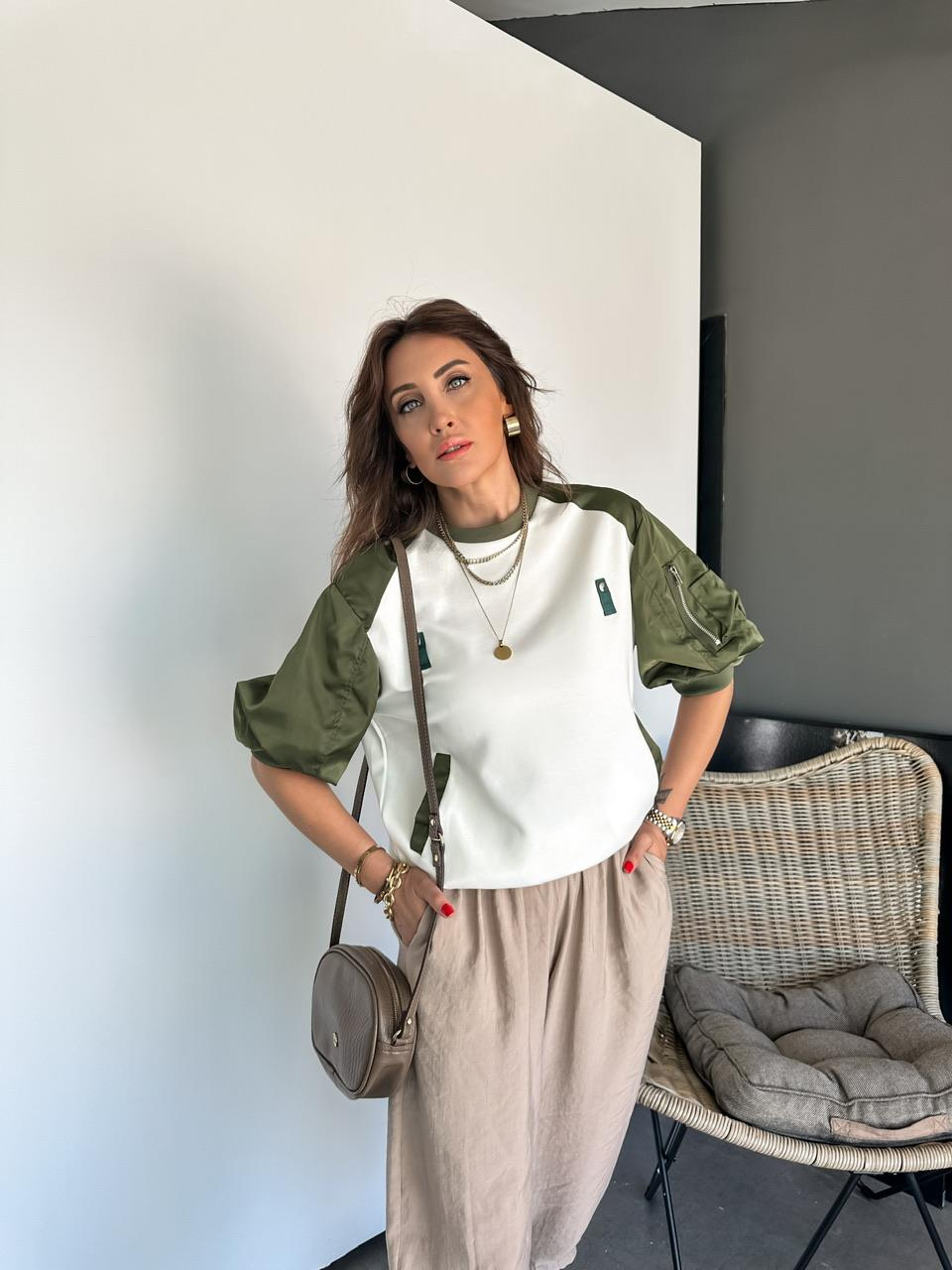 Yeşil Paraşüt Kollu Parçalı Tasarım Sweatshirt